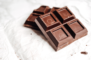 Squares of dark chocolate with a white background.