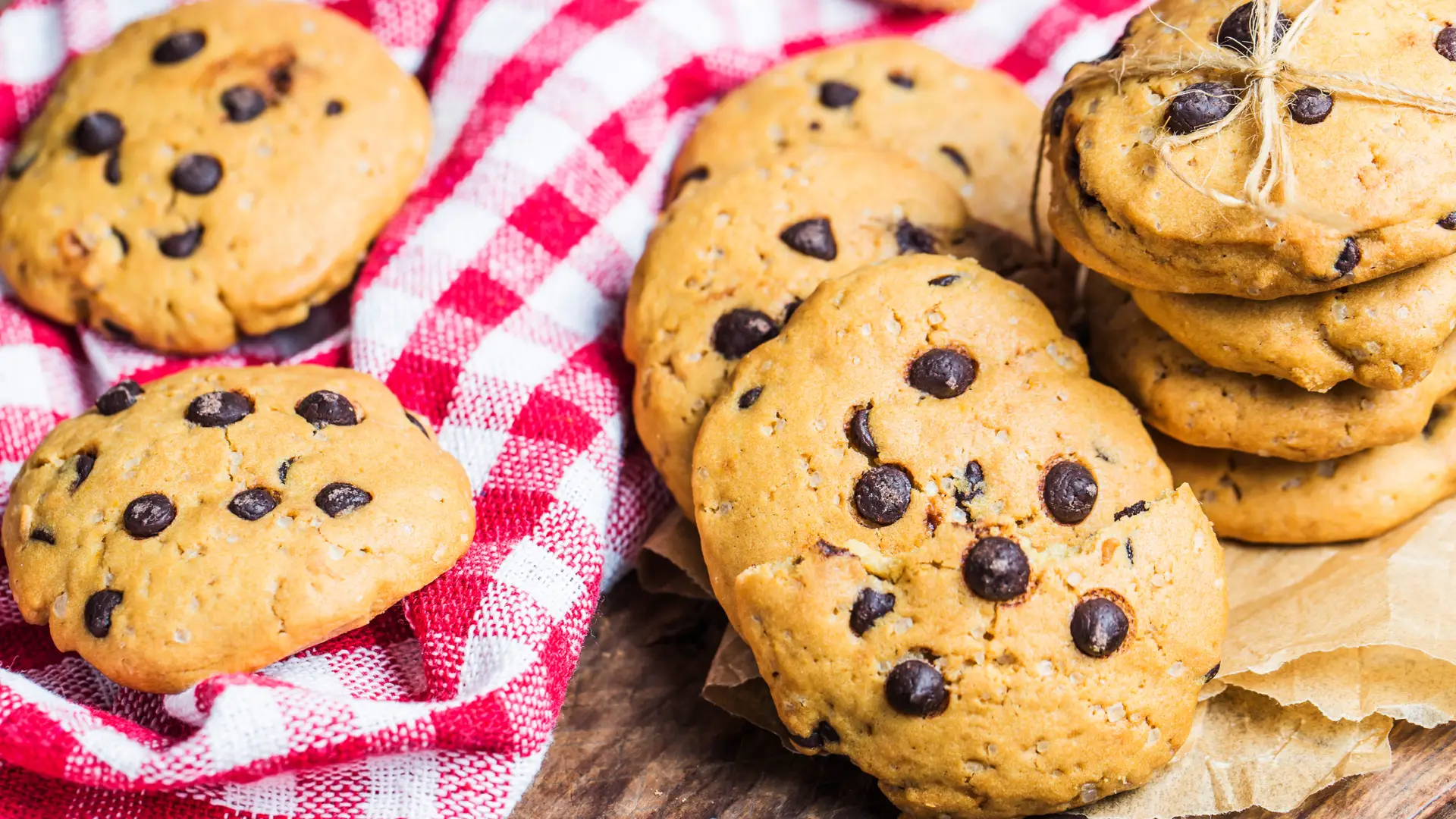 chocolate chip cookies on a re chequed tablecloth