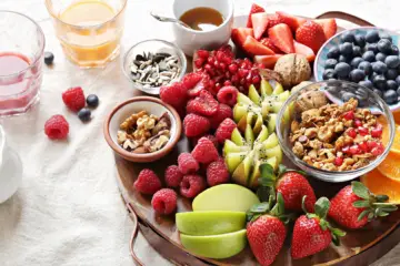 table full of fruit bowls