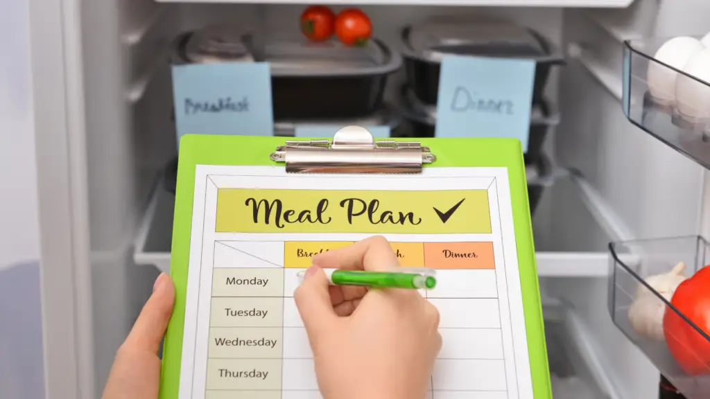 meal plan checklist infront of a stocked fridge