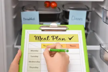 meal plan checklist infront of a stocked fridge